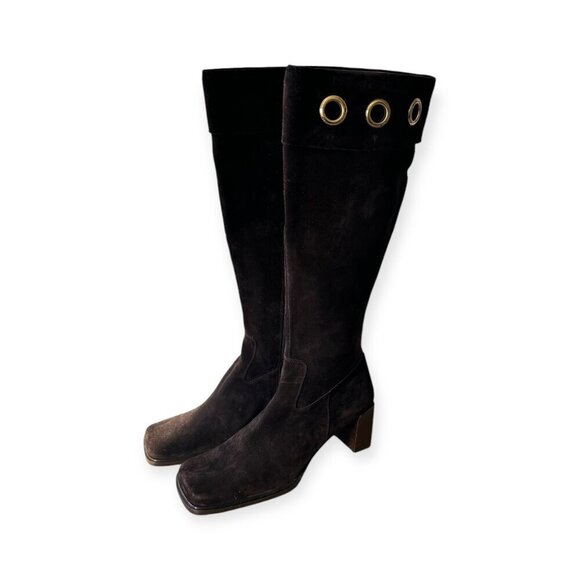 Square Toe Knee High Brown Suede Mid Heel Boots. Size 37 EU, Y2K - Picture 1 of 15